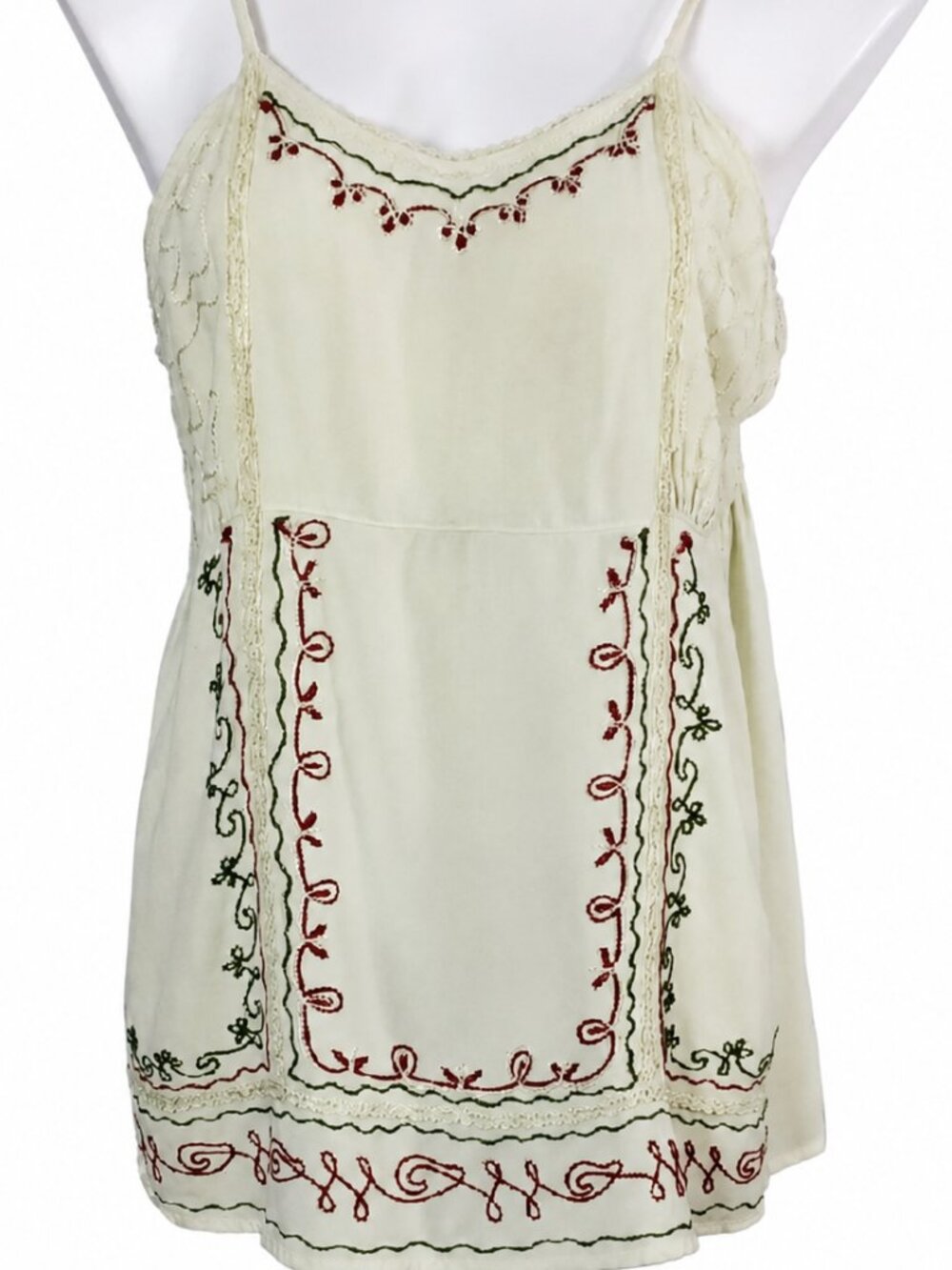 FREE SIZE Womens Cream Embroidered Boho Accents Sleeveless Spaghetti Strap top